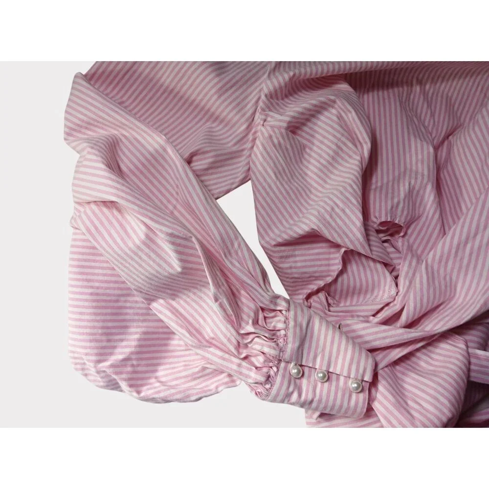 WAYF Dayna Tie Back Poplin Top Blouse Size S Striped Pink Wrap Long Sleeve Puff - Picture 7 of 11